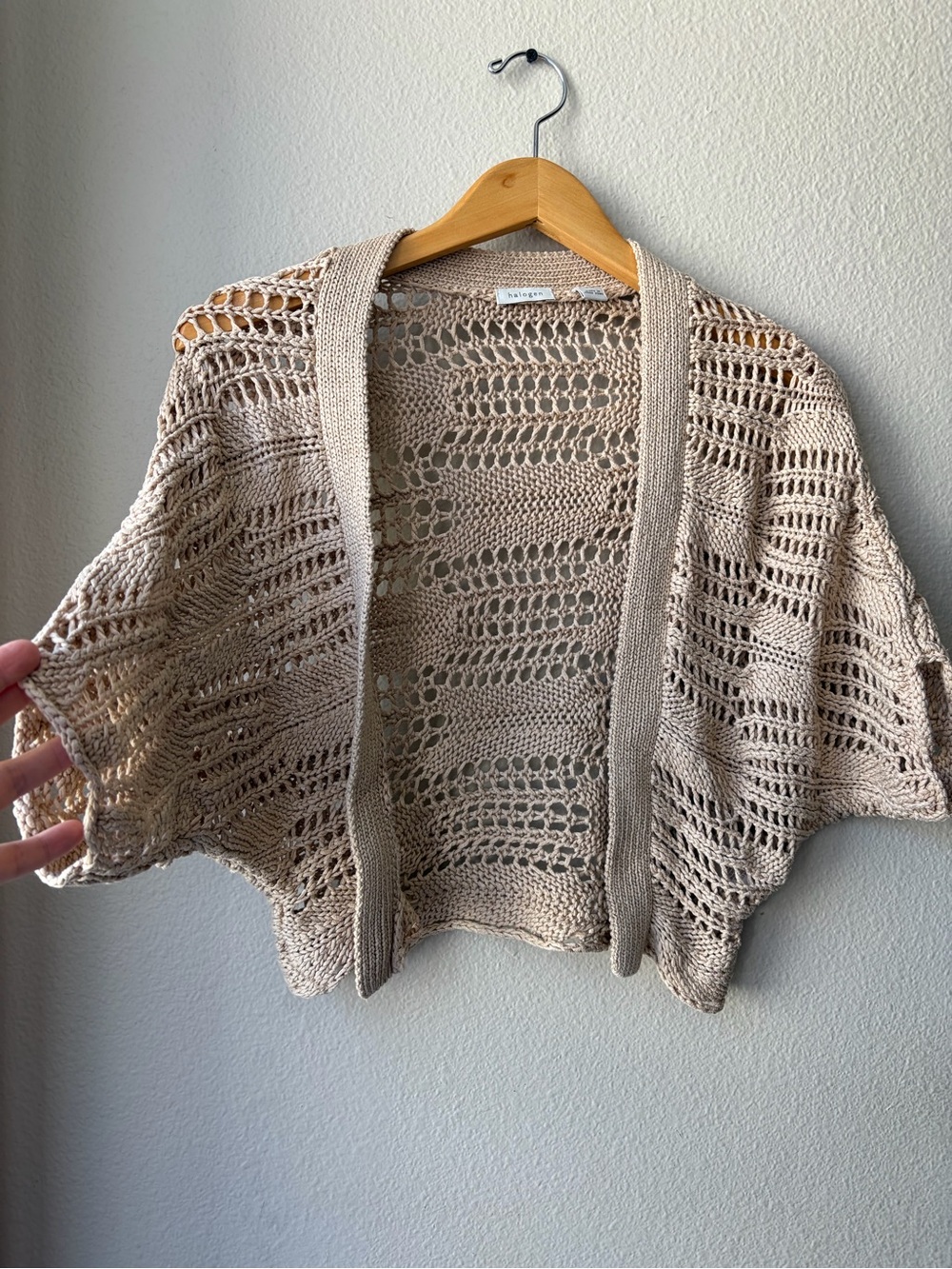 Halogen Beige Open-Knit Cropped Cardigan Shrug Size S/ M Boho Coastal Cotton